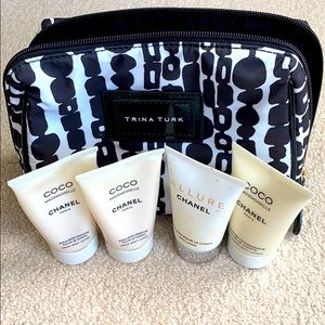 Chanel lotion samples and Trina Turk cosmetic bag